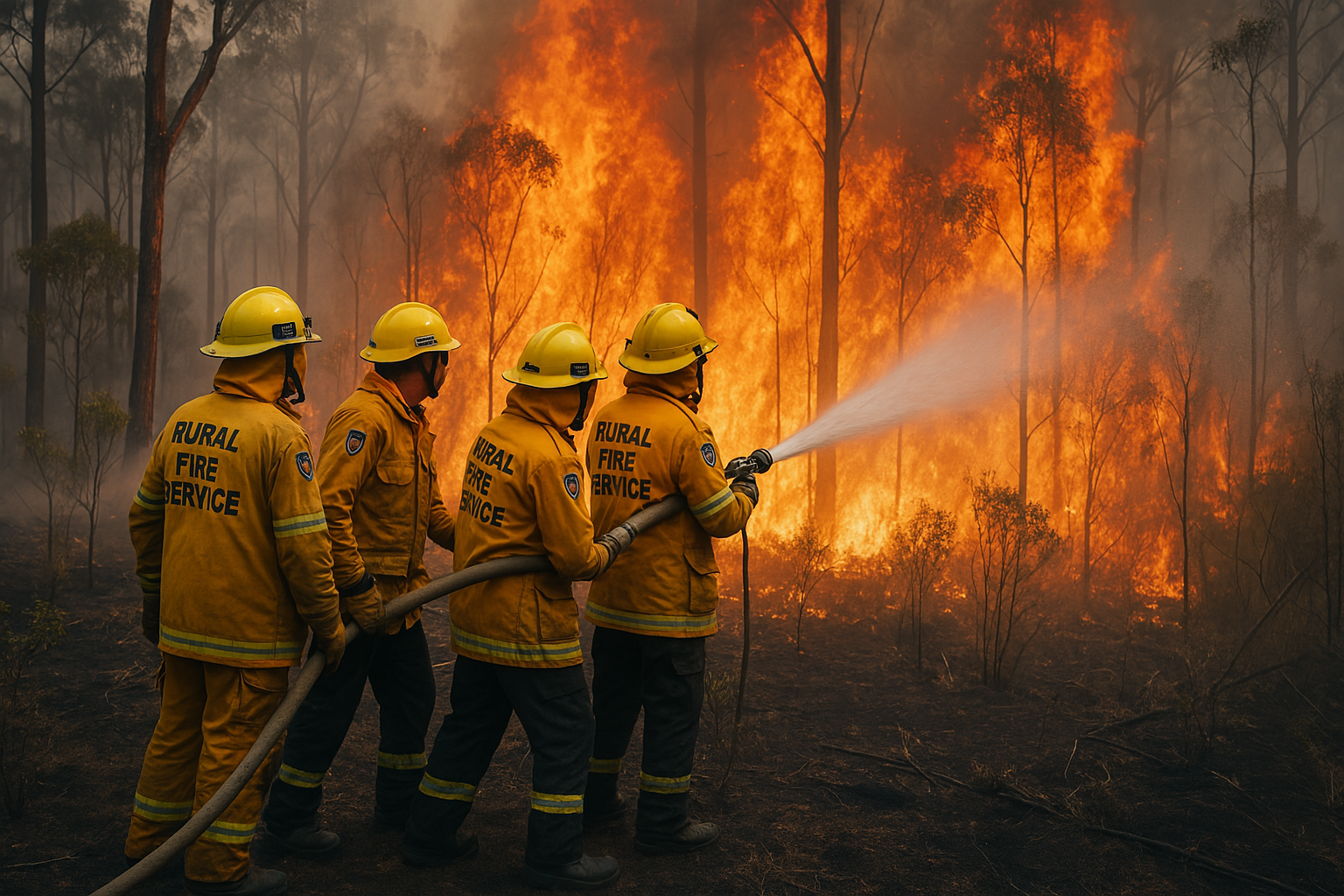 Rural fire service crew in yellow gear fighting a bushfire with a hose
