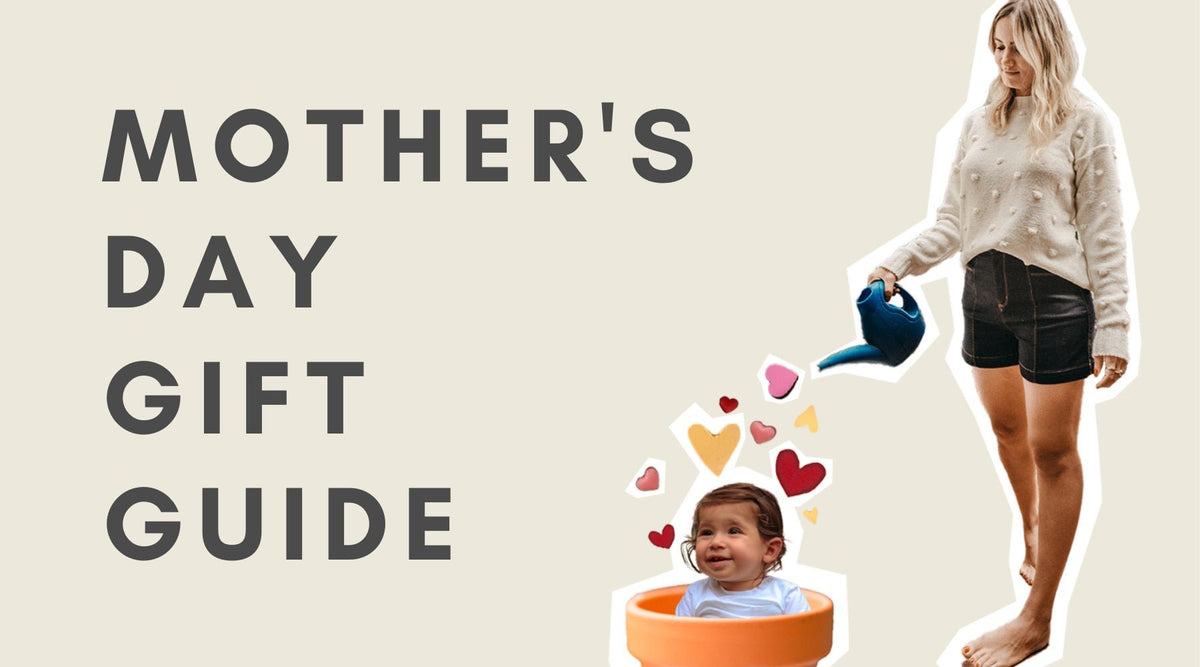 Mother's Day gift guide cover with a woman watering a toddler sitting in a terracotta pot