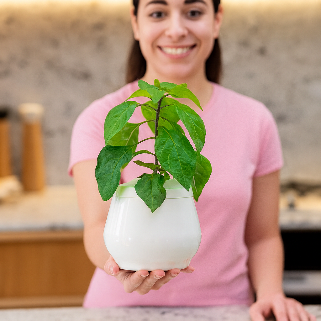 Woman holding a potted plant in a kitchen