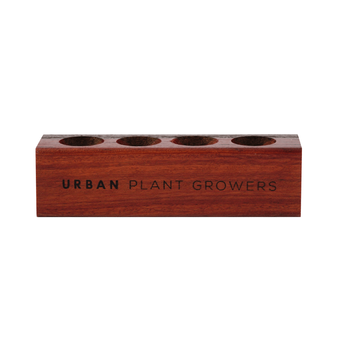 Propagation wooden test tube holder made from Australian red ironbark wood holds 4 test tubes