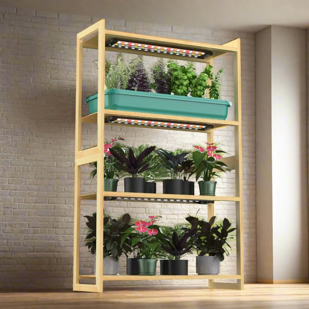 plant-shelf-with-grow-lights-Sun-shelf-3-with-2-basin-set-for-herbs-and-leafy-greens-and-two-layers-of-indoor-plants